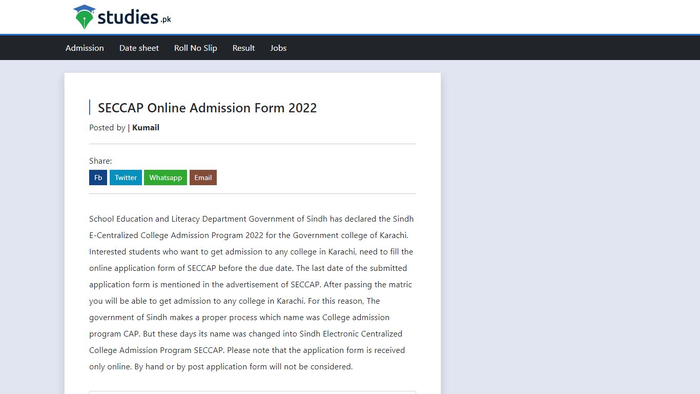 SECCAP Online Admission Form 2022 - Studies PK