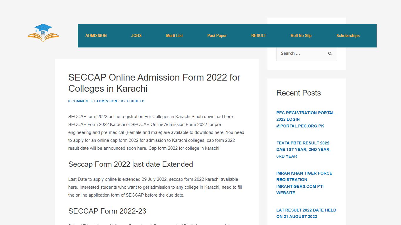 SECCAP form 2022 online registration For Colleges in Karachi - EduHelp.pk